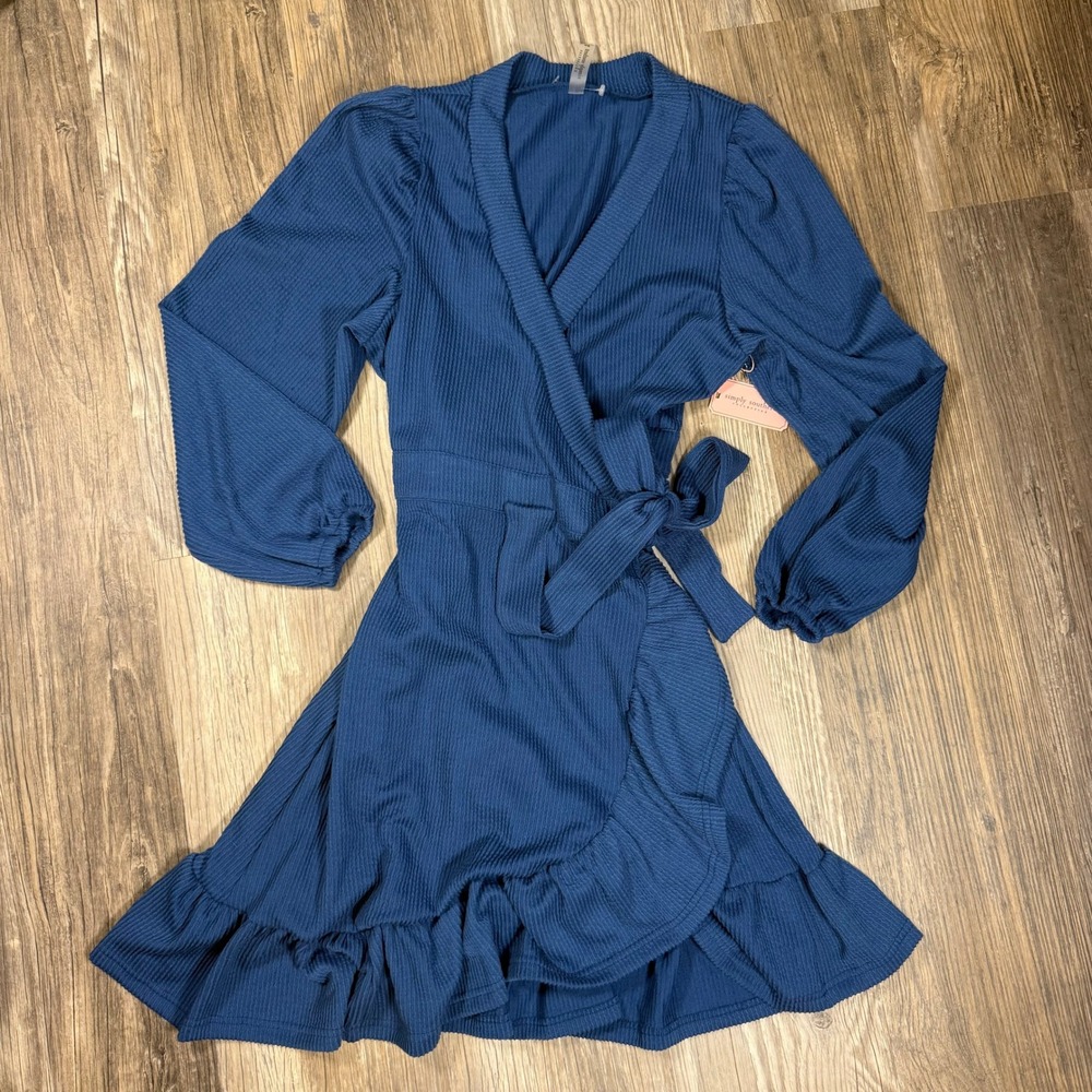 Simply Southern Prep Blue Textured Knit Wrap Dress Long Sleeve Ruffle Hem M‎ NEW